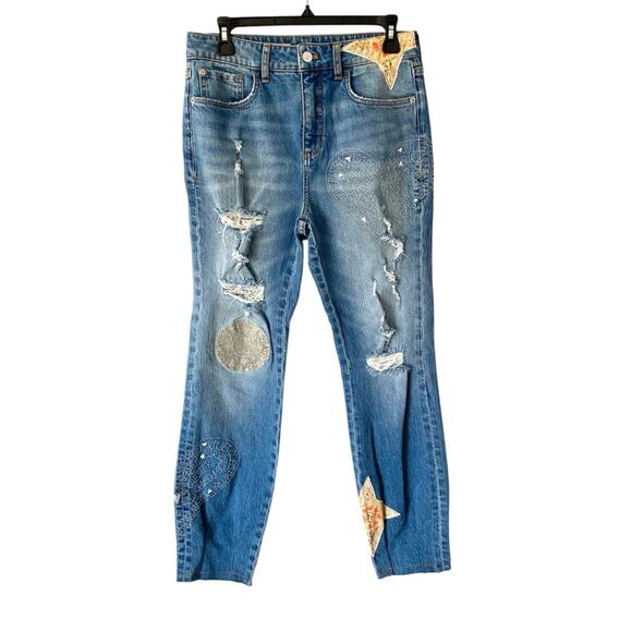 Pilcro Anthropologie Embroidered Patch Heart Words Jeans size 28 - Picture 1 of 11